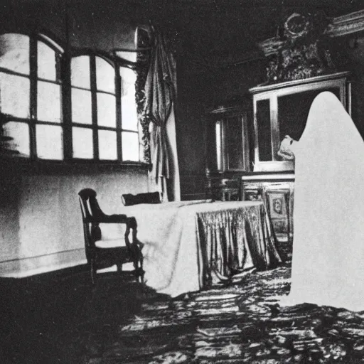 Prompt: photograph from 1900 of a ghost in a mansion. Black and white. Film.