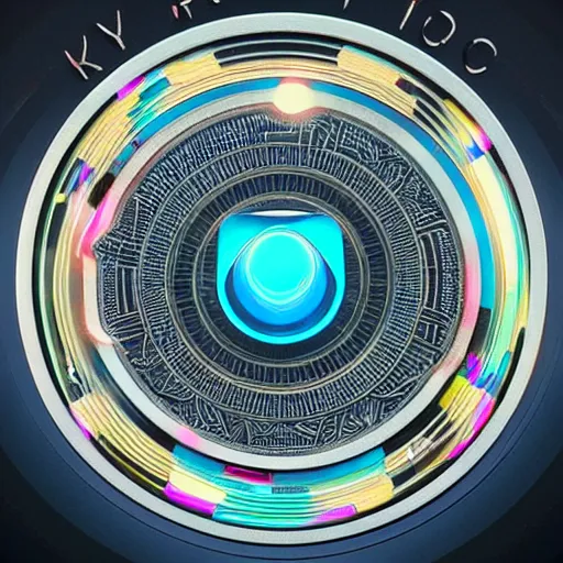 Image similar to circular futuristic and metallic token with ( ( kynthic ) ) in the center, sharp details, art style by beeple and android jones