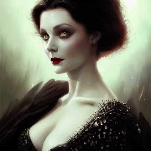 Image similar to closeup portrait of a young and beautiful vivian leigh in gothic clothing, dramatic light, gorgeous view, depth, high detail, digital art, painted by greg rutkowski and seb mckinnon, by tim burton, trending on artstation