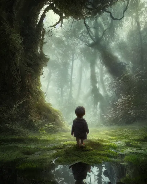 Image similar to a kid looking into a mirror in the hidden garden, green forest, environment art, fantasy art, landscape art, in the style of greg rutkowski, illustration, epic, fantasy, intricate, hyper detailed, artstation, concept art, smooth, sharp focus, ray tracing