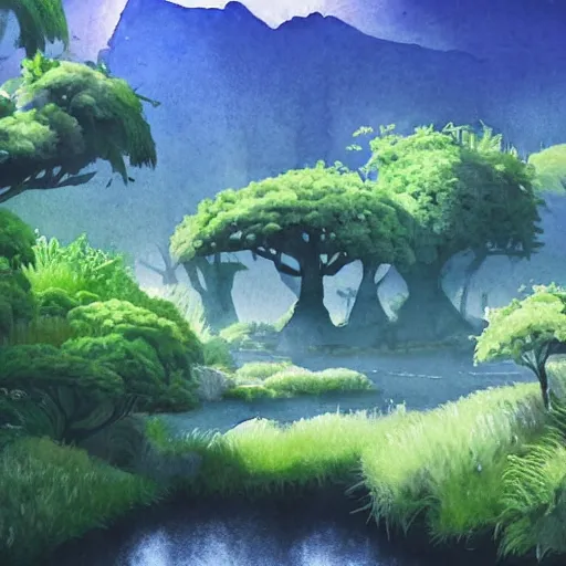 Prompt: watercolor of a lush natural scene on an alien planet by vincent bons. ultra sharp high quality digital render. detailed. beautiful landscape. weird vegetation. water. soft colour scheme. grainy.