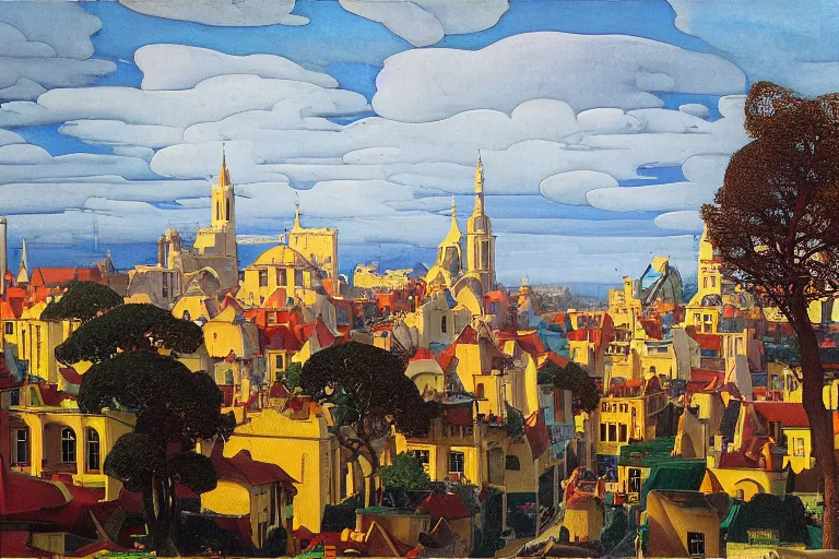 Prompt: view of the old city and its tree-lined winding streets still wet after a storm, tall windows lit up, beautiful ornamental architecture, dramatic cinematic lighting, rich colors, by Nicholas Roerich and and William Dyce and ford madox brown and April Gornik and Sylvain Sarrailh and Ludwig Deutsch, featured on artstation