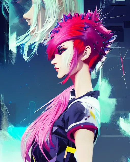 Image similar to poster woman with futuristic streetwear and spiky hair, colourful, pretty face, intricate eyes, elegant, Anime by Kuvshinov Ilya, Cushart Krentz and Gilleard James, 4k, HDR, Behance Trending on artstation, award winning