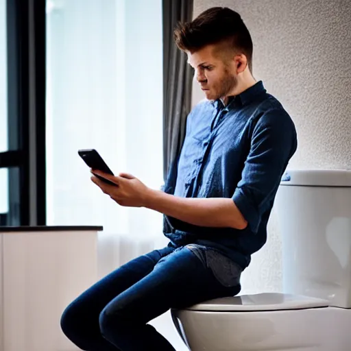 Image similar to a thoughtful young man sitting on a white marble toilet attentively staring at his smartphone, distant thoughtful look, modern apartment renaissance style