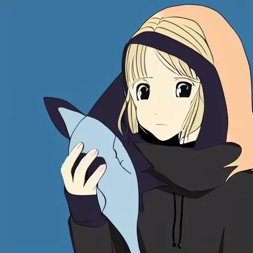 Image similar to a blonde girl in a black hoodie holding a blue-shark-stuffie, anime style digital art