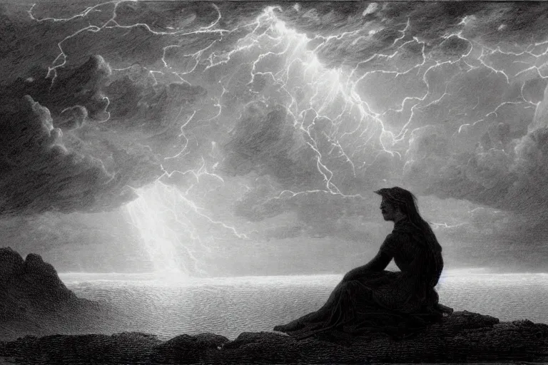 Prompt: black and white, young french woman sits near storm ocean, illuminated by a beam of light through detailed clouds, Gustave Dore lithography