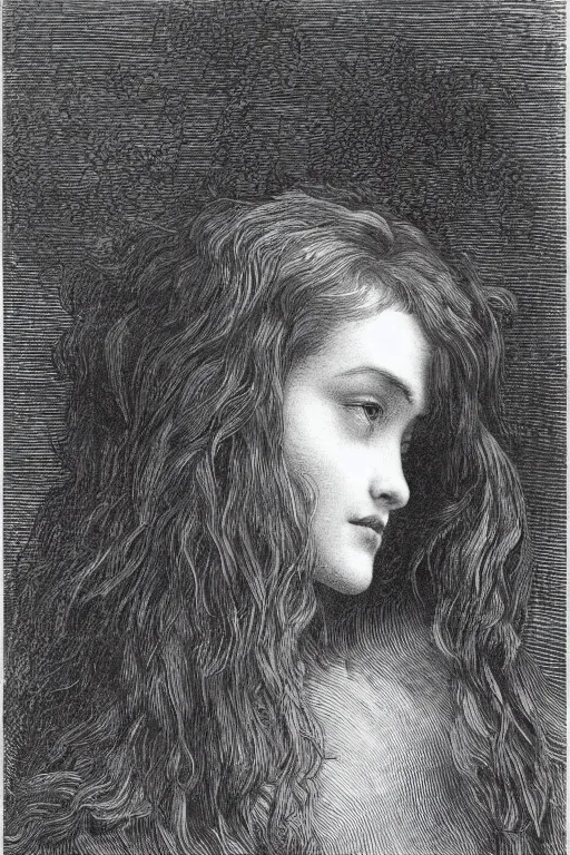 Image similar to extreme close-up, hair fully covers a woman\'s face, forest background, Gustave Dore lithography