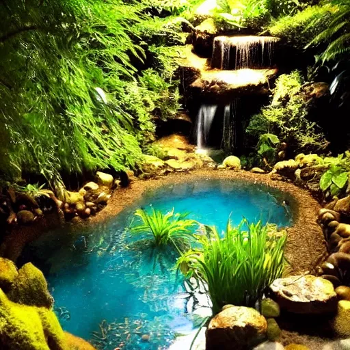 Image similar to beautiful lush magical enchanted serene cozy watery grotto
