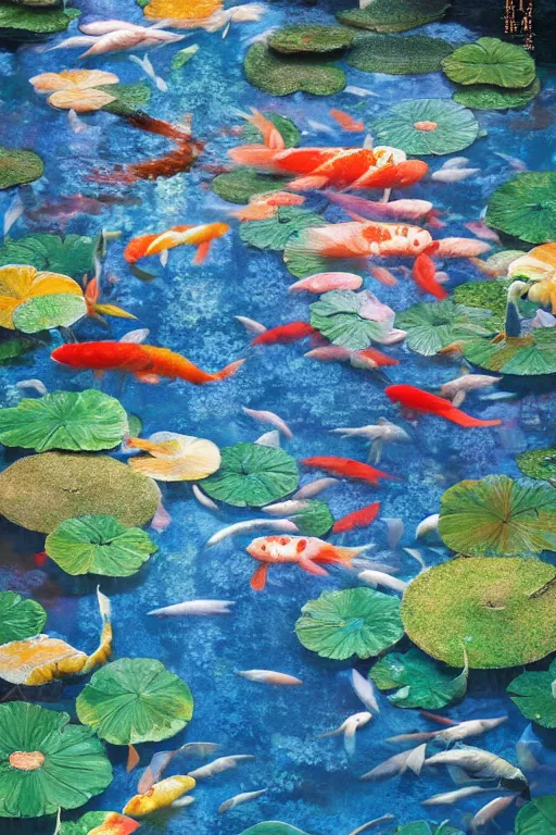 Image similar to nenufar in a pond surrounded by koi carp, colorful, blue backgroung,clean, joyful, intricate, elegant, volumetric lighting, scenery, digital painting, highly detailed, artstation, sharp focus, illustration, concept art, ruan jia, steve mccurry