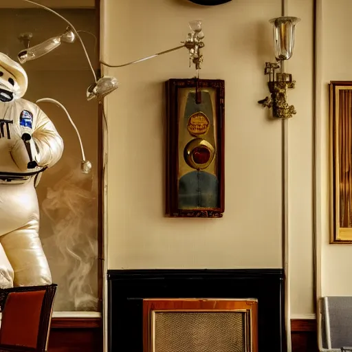 Prompt: cinematic photo of a taxidermied michelin man mounted on the wall in a fancy old fashioned smoking room