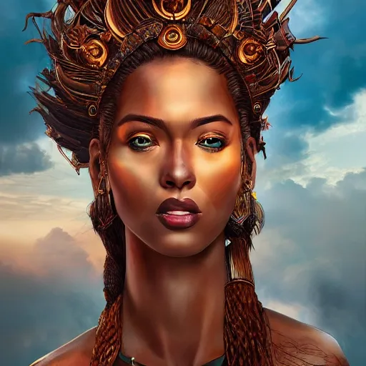 Image similar to a colossal goddess from above, creative, brown skin, giant, digital art, city, town, highly detailed, photo manipulation, up there, fire hair, digital painting, smoke, artstation