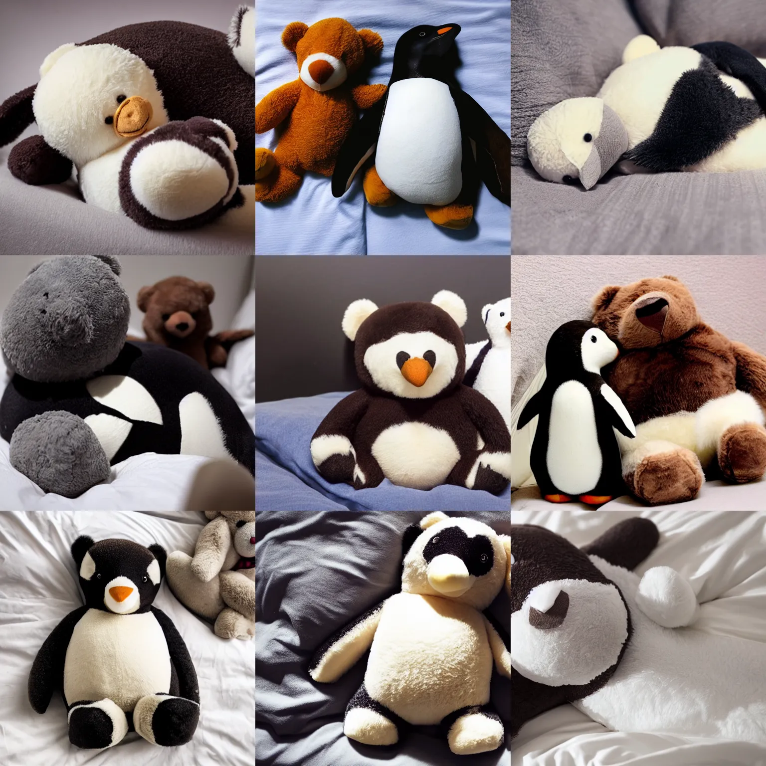 Prompt: penguin sleeping in bed with a teddy bear