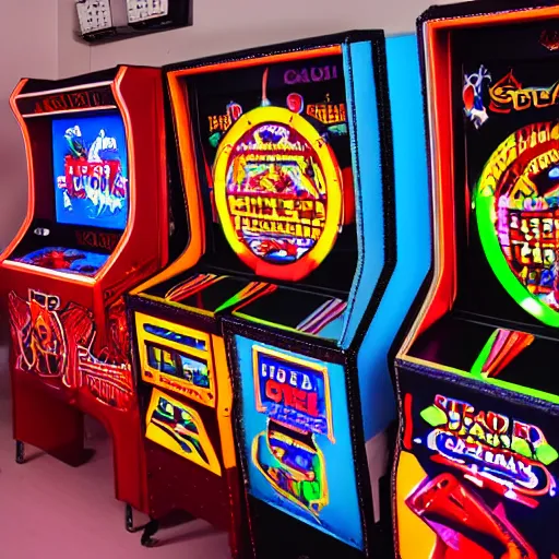 Image similar to retro arcade filled with satanic arcade cabinets, Canon eos, 8k hd resolution