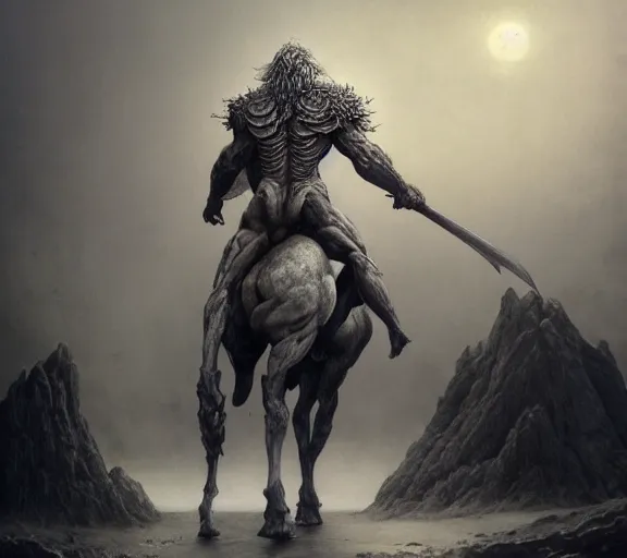 Image similar to centaur concept, full body concept, beksinski, wayne barlowe, adrian smith fantasy art, the hobbit art, lord of the ring art, the witcher concept art, trending on artstation, game of throne art