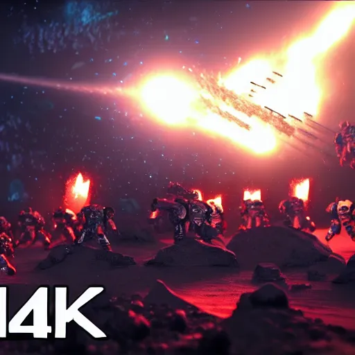 Prompt: Astartes Space Marines fight against space orcs in an epic battle, Cinematic style 4K