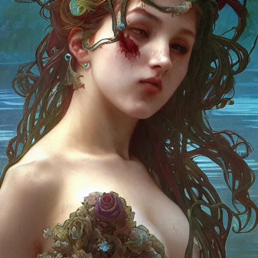 Prompt: zombie mermaid, intricate, art by artgerm and greg rutkowski and alphonse mucha and william - adolphe bouguereau, high detailed, 4 k,