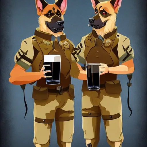 Image similar to two humanoid german shepherds beast - men in military style, they holding a beer, artstation, concept art, smooth, sharp foccus ilustration, artstation