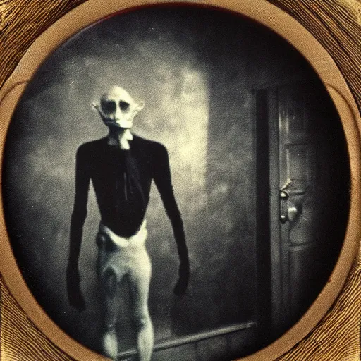 Prompt: hyperrealistic cursed daguerreotype polaroid cinestill of creepy monster entity creature, giant head, ridiculously long neck, standing in bedroom designed by guillermo del toro, michael hutter, kentaro miura, junji ito, gantz, hideo kojima, colorized. scp historical archives. david lynchian atmosphere. deep aesthetics of weirdcore