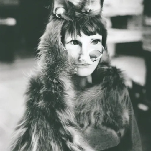 Prompt: 35mm photo of a Soviet era catgirl with floofy ears and a fluffy tail