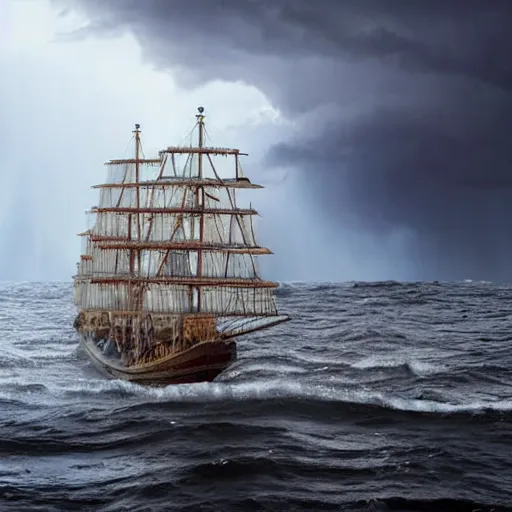Image similar to A large, very old, wooden ship sailing across the ocean in the middle of a huge rain storm, with lots of dark clouds and lightning, very realistic.