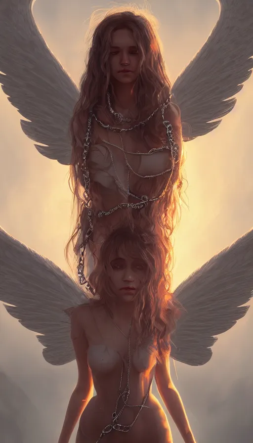 Prompt: a sad portrait of an angel with boned wings blocked by chains covered by vegeration, sunset, bright light, hyperdetailed, artstation, cgsociety, 8 k