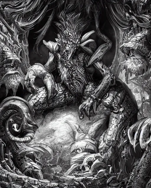 Image similar to a monster treasure chest, black and white, fantasy art, monster art, illustration, fantasy, intricate, hyper detailed, artstation, concept art, smooth, sharp focus, ray tracing