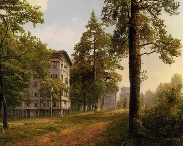 Image similar to beautiful matte painting of cute soviet block of flats hrushevka in end of forest by ivan shishkin,