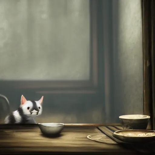 Prompt: cute cat lapping milk, in game pathologic 2, digital art, unreal engine, cinematic composition, sharp, details, hyper - detailed, hd