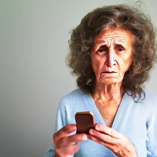 Image similar to astonished older lady looking at smartphone angrily, wild hair, greek ethnicity, angry eyes,