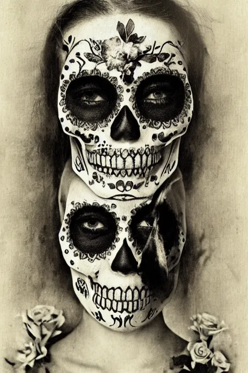 Prompt: illustration of a sugar skull day of the dead girl, art by joel peter witkin