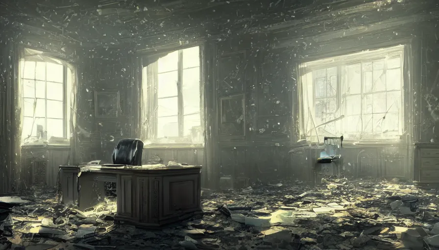 Image similar to abandoned dusty oval office with lights through broken windows, hyperdetailed, artstation, cgsociety, 8 k