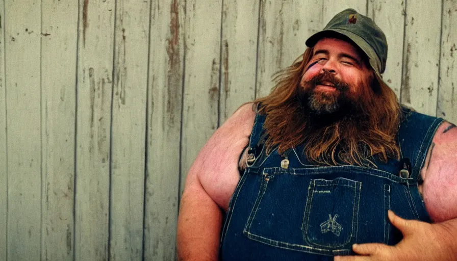 Prompt: far view, extremely fat obese brad pitt with long beard, wearing dirty overalls, dirty greasy face, grin, portrait, close up, kodak gold 2 0 0, 5 0 mm,