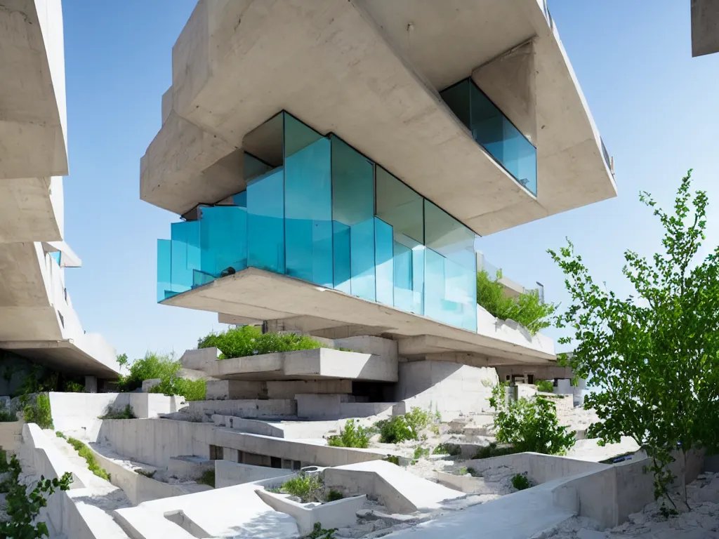 Prompt: habitat 6 7, white terraced architecture office in the dessert, many plants and infinite pool, colorful glass wall, joyful people in the house