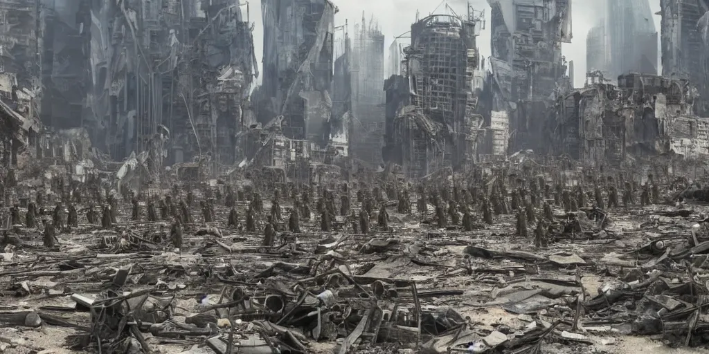 Image similar to army of minions in the middle of the ruins of cyberpunk moscow after the bombing, a minimum of surviving houses, a dim sky, a dead city