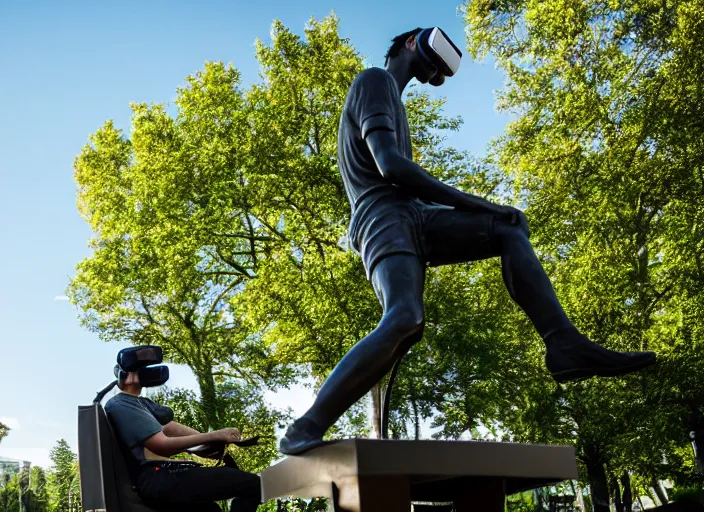 Image similar to photo still of a bronze statue of a man gaming in vr in a park on a bright sunny day, 8 k 8 5 mm f 1 6