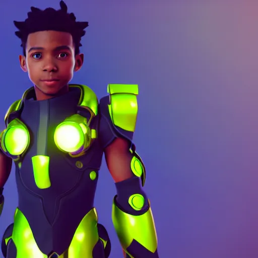 Image similar to a young boy with the appearance and armor of lucio from overwatch, design, octane render, 4 k, ingame shot