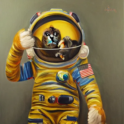 Image similar to an oil painting of a monkey wearing a spacesuit