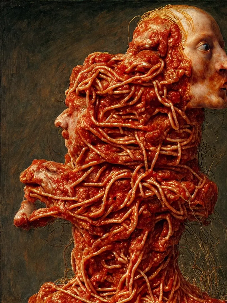 Prompt: a boy made of spaghetti and tomato sauce, sitting on top of a horse made of meat, by giuseppe arcimboldo and ambrosius benson, renaissance, intricate and intense oil paint, a touch of beksinski and hr giger and edward munch, realistic