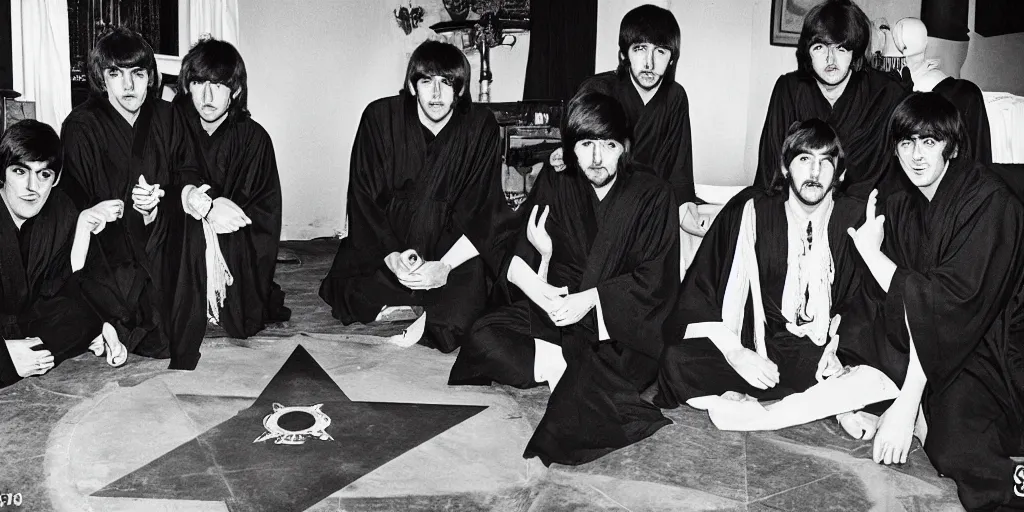 Image similar to the beatles wearing magic robes in a room full of occultists, with a pentagram on the floor, bio-luminescent vivid colors against deep black darkness in the room