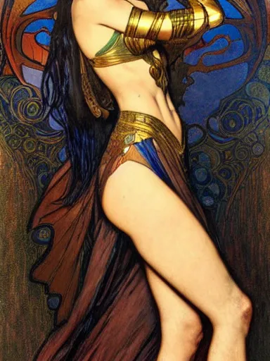 Image similar to a beautiful painting of gal gadot by Alphonse Mucha and by yoshitaka Amano and by Mark Brooks and by gustav klimt and by john william waterhouse, Art Nouveau, Neo-Gothic, gothic, award winning painting, hyperdetailed, detailed, full body