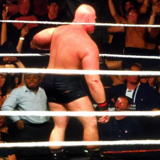 Prompt: Joe Biden dressed as Stone Cold Steve Austin in the wrestling ring, crowd cheering