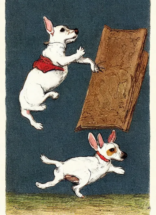 Image similar to jack russel terrier jumping over and over, illustrated by peggy fortnum and beatrix potter and sir john tenniel