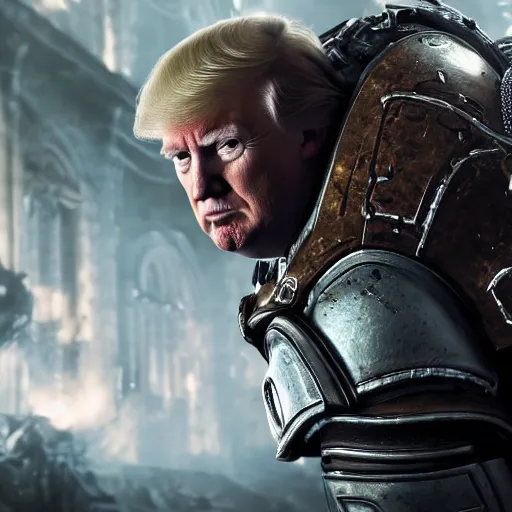 Image similar to Photo portrait of Donald Trump as Crusader!! in Gears of War, splash art, movie still, detailed face, photorealistic facial features, cinematic lighting, dramatic, octane render, long lens, shallow depth of field, bokeh, anamorphic lens flare, 8k, hyper detailed, 35mm film grain