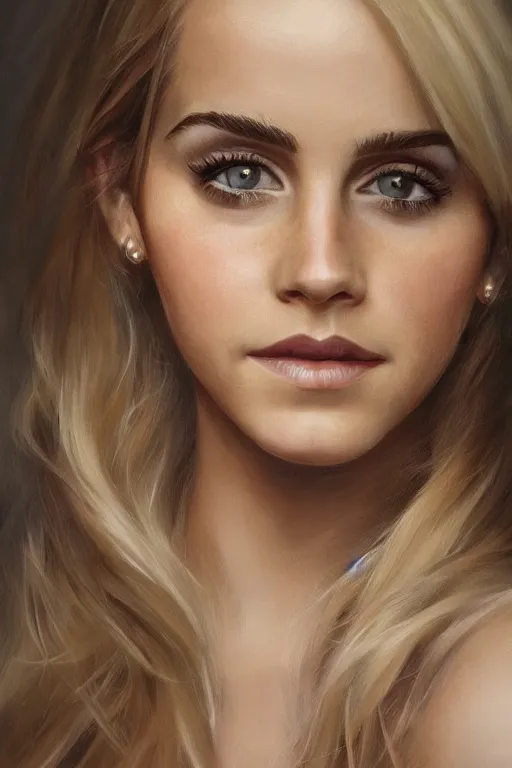 Image similar to An extremely beautiful detailed close up portrait of a blonde haired Emma Watson, green eyes, long hear, round face, artstation, oil painting, award winning