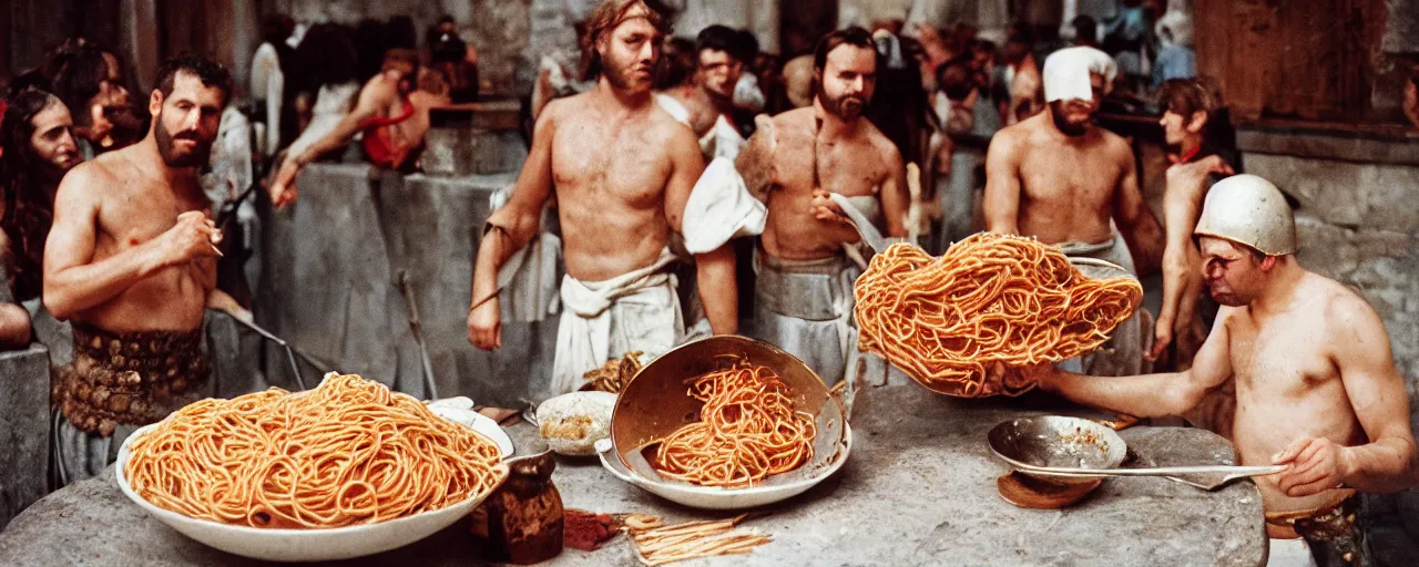 Image similar to ancient romans gladiators eating big bowl of spaghetti!!!!, architectural, minimal, canon 5 0 mm, wes anderson film, kodachrome, retro