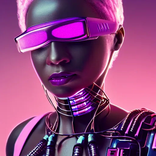 Image similar to portrait of a beautiful caribbean woman with pink hair as a cyberpunk cyborg half robot, revealing wires and electronics, circuit boards, wire management, sci - fi, missing panels, intricate abstract upper body intricate artwork, concept art, octane render, deviantart, cinematic, key art, hyperrealism, iridescent accents, portrait photograph, nikon 3 5 mm, photograph by greg rutkowski