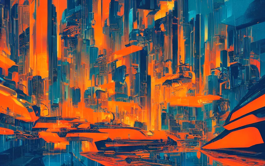 Prompt: futuristic city with rain, in the style of syd mead, orange and turquoise color scheme,