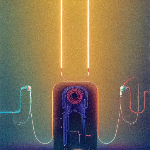 Image similar to an immaculate octane redshift render of the nexus between a vast modern computing center and an alchemist\'s lab with exposed circuit boards, nixie tubes and tesla coils by Zdzisław Beksiński and beeple, beautiful modern colors, ultradetailed, 4k ultra