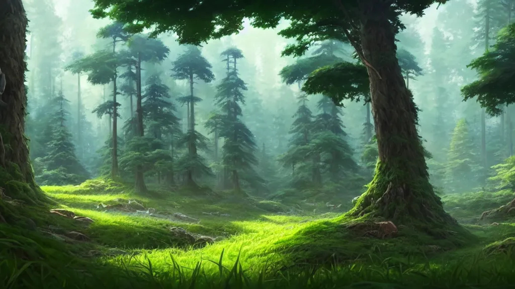 Image similar to forest clearing landscape, studio ghibli, pixar and disney animation, sharp, rendered in unreal engine 5, highly detailed, digital painting, artstation, concept art, smooth, sharp focus, illustration, wide angle, artbook, wallpaper, splash art, promo art, dramatic lighting, art by artgerm and greg rutkowski and bo chen and jin xiaodi