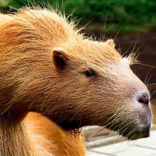 Image similar to a giant capybara kissing donald trump, photograph